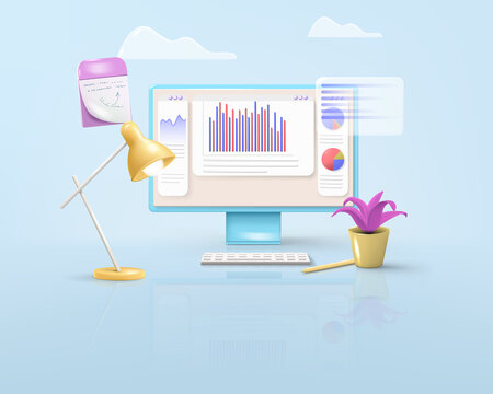 Conceptual background with business data analytics, interface, financial report, website seo on computer screen in realistic style. Minimalistic vector image
