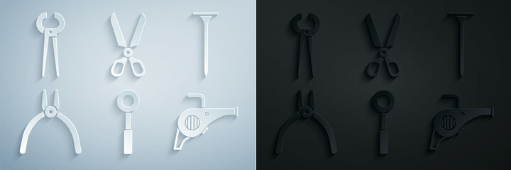 Set Wrench spanner, Metallic nail, Pliers tool, Leaf garden blower, Scissors and Pincers and pliers icon. Vector