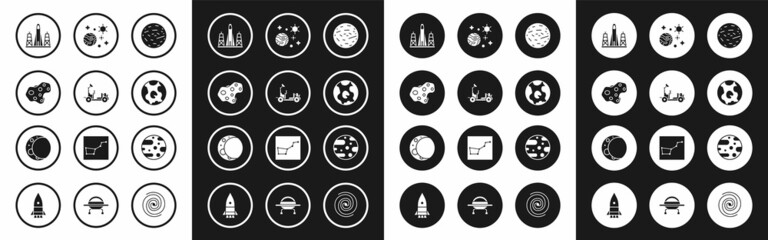 Set Planet Venus, Mars rover, Asteroid, Rocket launch from the spaceport, Earth globe, Space and planet, and Moon icon. Vector
