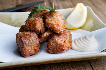 Deep fried tuna chunks, a popular Japanese dish.