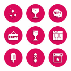 Set Wine glass, Candy, Calendar party, Music synthesizer, Ice cream, Signboard, Vip speech bubble and Firework icon. Vector