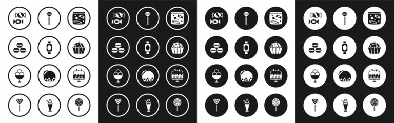 Set Candy packaging for sweets, Macaron cookie, Cupcake, Lollipop, Cake plate and Ice cream bowl icon. Vector