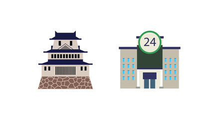 Naklejka premium Japanese castle vector and Convenience Store vector flat icon.