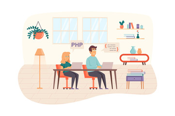 Developers team testing software in office scene. Man and woman works on laptops, fixing bugs in program code. Application development concept. Illustration of people characters in flat design