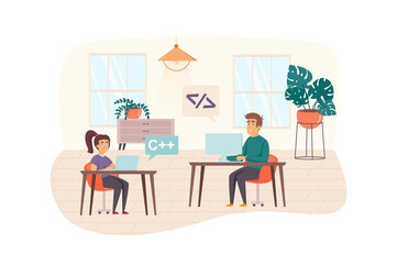 Programmers testing software scene. Teamwork fixing bugs in program code, working on project, brainstorming at office. IT industry concept. Illustration of people characters in flat design