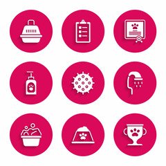 Set Tennis ball, Pet food bowl, award, shower, Pets bath, shampoo, Certificate for dog or cat and carry case icon. Vector