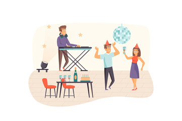 Couple having fun at party scene. Man and woman dancing, drinking wine. DJ plays music at mixing panel. Celebration event of holiday concept. Illustration of people characters in flat design
