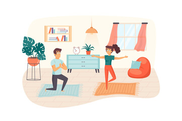 Couple practicing yoga at room scene. Man and woman doing asana poses, exercising strength and balance. Home workout, healthy lifestyle concept. Illustration of people characters in flat design