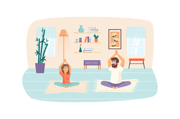 Obraz premium Man and woman doing lotus pose. Couple practicing yoga asanas scene. Home workout, sport activities, meditation, healthy lifestyle concept. Illustration of people characters in flat design