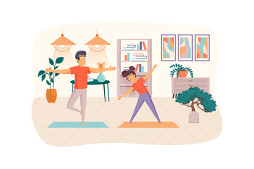 Home workout scene. Couple practicing yoga asanas. Man and woman doing training indoor. Sport activities, exercising, healthy lifestyle concept. Illustration of people characters in flat design