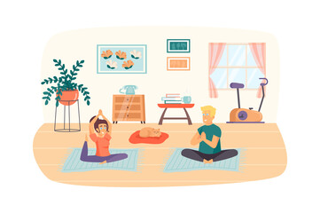 Couple exercising at home scene. Woman practicing yoga asana, man doing lotus pose. Sport activities, meditation, healthy lifestyle concept. Illustration of people characters in flat design