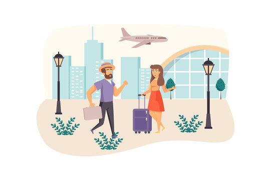 Man and woman travelers with luggage go in airport scene. Couple travel the world. Summer vacation, business trip, tourism industry concept. Illustration of people characters in flat design