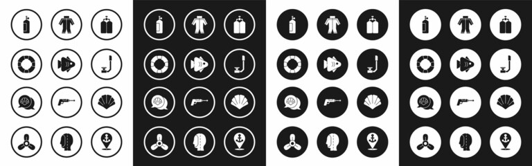 Set Aqualung, Fish, Lifebuoy, Snorkel, Wetsuit, Scallop sea shell and icon. Vector