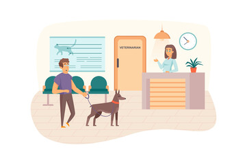 Veterinary clinic scene. Man with dog visits vet, waiting for doctor's appointment in reception. Veterinarian medicine and healthcare concept. Illustration of people characters in flat design