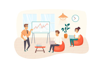 Business meeting scene. Office manager communicates with colleagues, briefing, organizes office work. Management, administration concept. Illustration of people characters in flat design