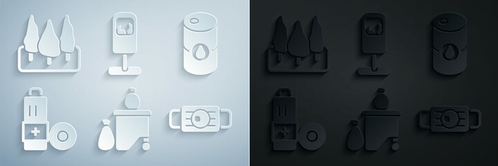 Set Full dustbin, Barrel oil, Battery, Medical protective mask, Trash can and Forest icon. Vector