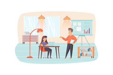 Office manager talking to colleague scene. Teamwork or team building, business meeting. Workflow optimization, organize office work concept. Illustration of people characters in flat design