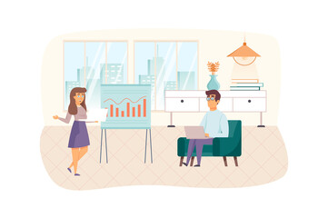 Office manager at business meeting scene. Colleagues communicating, briefing. Workflow optimization, management, administration concept. Illustration of people characters in flat design