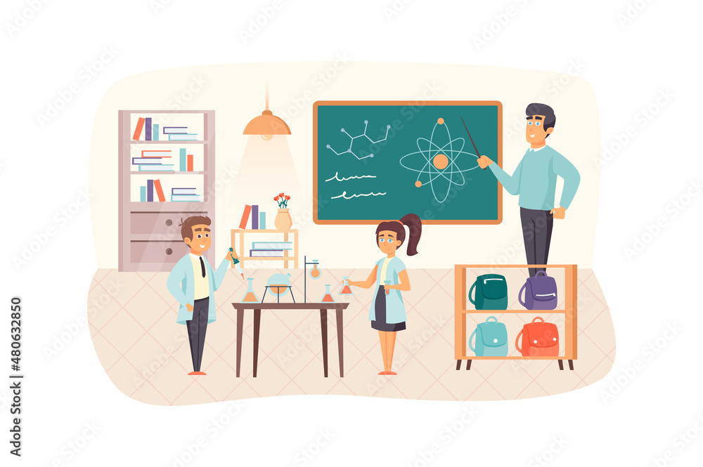 Poster physics lesson scene. teacher explains structure of atom, pupils study in classroom. primary educati