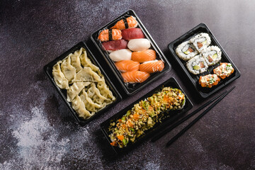 Sushi to go concept. Takeaway box with sushi