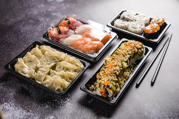 Sushi to go concept. Takeaway box with sushi