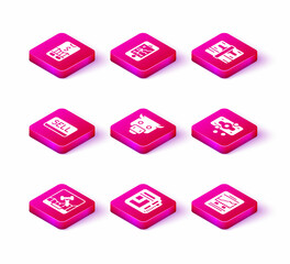 Set Online internet auction, Stock market news, Sell button, Bull, Website with growth graph, Stacks paper money cash, and Mobile stock trading icon. Vector