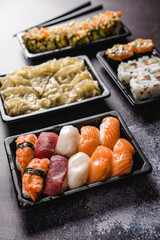 Sushi to go concept. Takeaway box with sushi