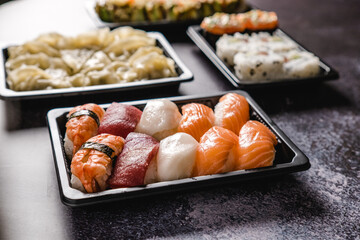 Sushi to go concept. Takeaway box with sushi