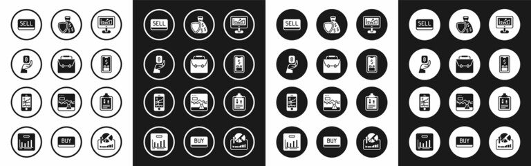 Set Computer with growth graph, Briefcase, Hand holding Bitcoin, Sell button, Mobile dollar, Shield money bag, Business finance report and stock trading icon. Vector