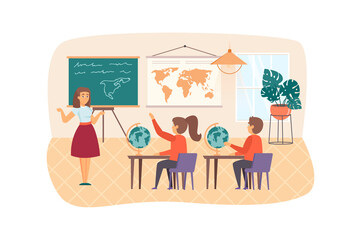 Geography lesson in classroom scene. Teacher stands by blackboard, pupils with globes. Primary education, back to school, Knowledge Day concept. Illustration of people characters in flat design