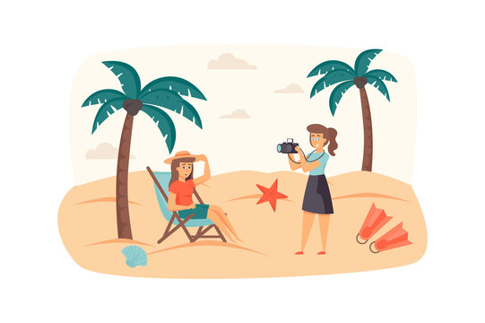Photographer makes photo shooting with woman at tropical beach scene. Model posing for photography. Creative profession, memories concept. Illustration of people characters in flat design