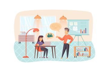 Colleagues at business training scene. Employees learn to improve company financial profit. Improve professional skills, career growth concept. Illustration of people characters in flat design