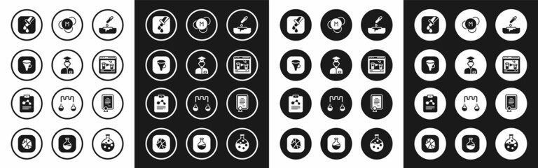 Set Petri dish with pipette, Laboratory assistant, Funnel filter, Test tube and flask, Chemical online, Molecule, Certificate template and Chemistry report icon. Vector