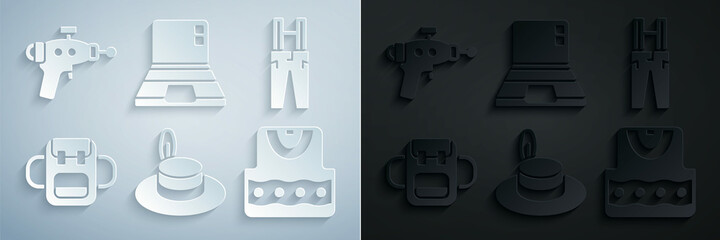 Set Man hat, Pants with suspenders, School backpack, Waistcoat, Laptop and Ray gun icon. Vector