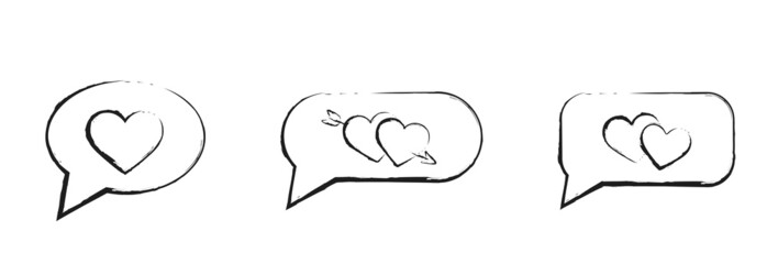 hand drawn love message set. chat bubble with heart. sketchy elements for valentine's day design