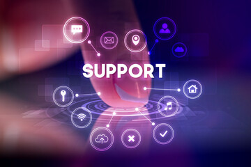 Finger touching tablet with web technology icons concept