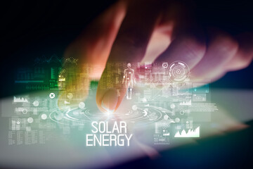 Finger touching tablet with web technology icons concept