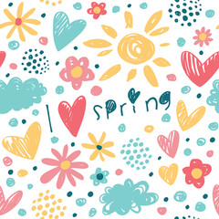 Seamless pattern with sun, clouds, flowers, hearts and polka dots. I love spring.