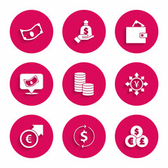 Set Coin money with dollar, Financial growth and, Currency exchange, Yen, euro, Stacks paper cash, Wallet and icon. Vector