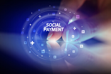 Finger touching tablet with social media icons concept concept