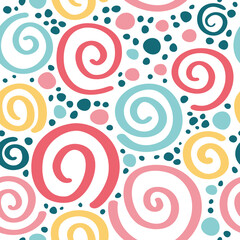 Seamless pattern with spirals, confetti and balloons.