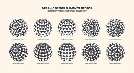 Assorted Various Vector Patterned 3D Balls In Different Positions With Checkered Triangles Pattern Set Isolated On White Background. Graphic Black White Variety 3D Spheres Design Elements Collection