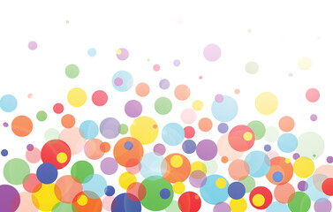 Cheerful festive background with multicolor circles and radiance on white background. Explosion or fireworks from balls of bright rainbow colors. Universal template for children's holidays, birthday.
