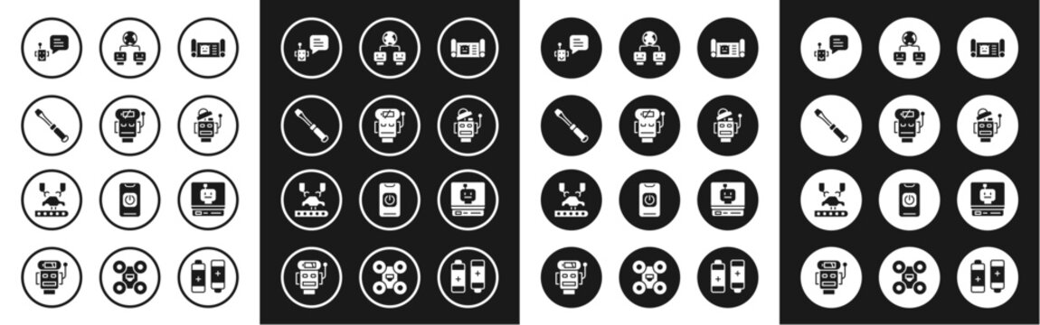 Set Robot blueprint, low battery charge, Screwdriver, Bot, Artificial intelligence, and Robotic robot arm on factory icon. Vector
