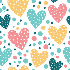 Seamless pattern with hearts in beautiful colors. Great for baby linens, kids, valentine's day, mother's day, romantic designs, wallpapers, fabrics and other surfaces.