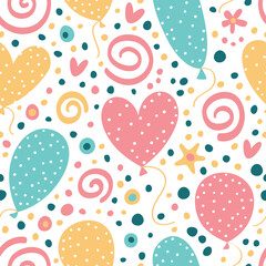 Seamless pattern with spirals, confetti and balloons.