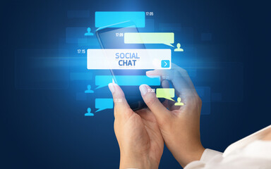 Hand using smartphone with social media concept
