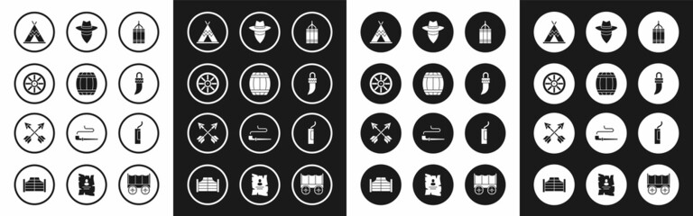 Set Dynamite bomb, Gun powder barrel, Old wooden wheel, Indian teepee or wigwam, Tooth, Cowboy, and Crossed arrows icon. Vector