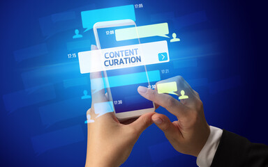 Hand using smartphone with social media concept