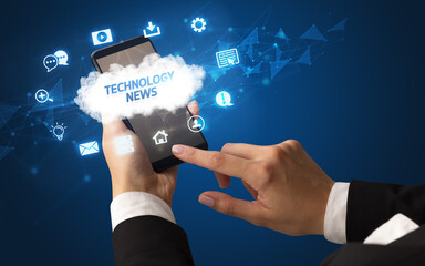 Hand using smartphone with cloud technology concept